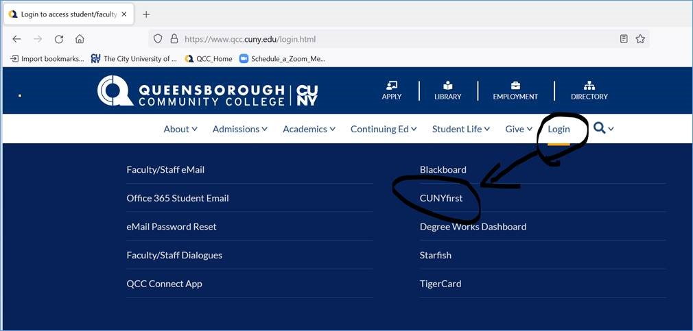CUNYfirst link in the QCC website navigation 