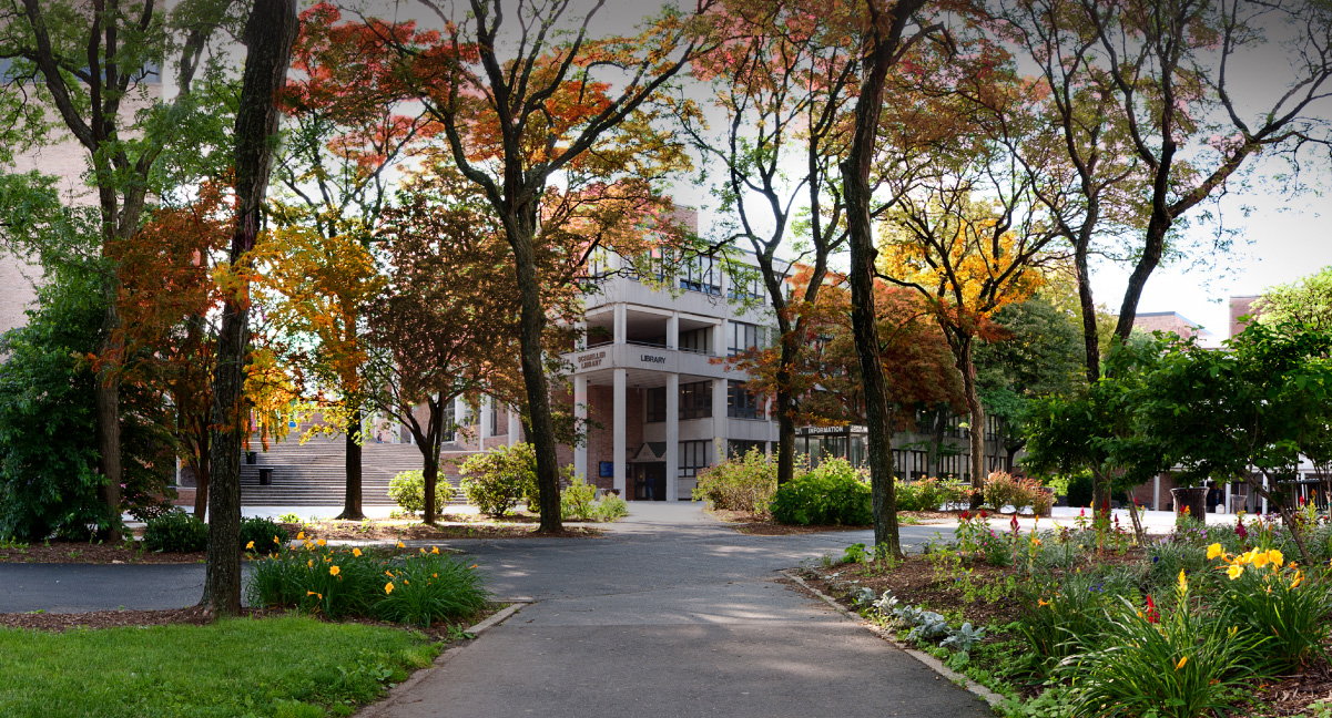 view of the Kurt R. Schmeller Library Building on the campus of QCC