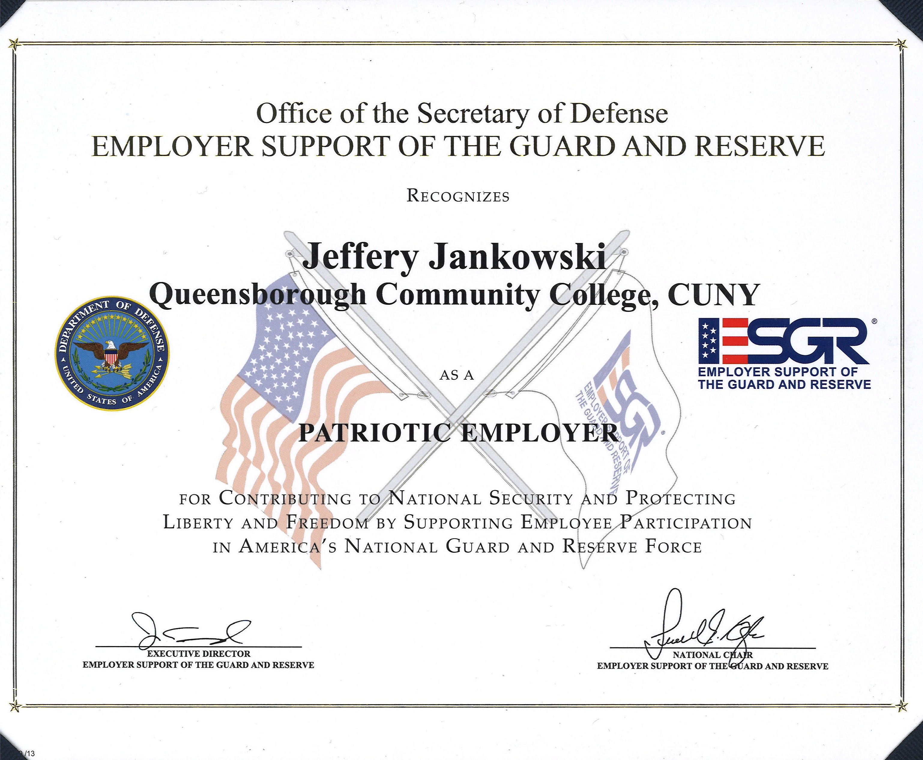 Department of Defense Employer  Support of Guard and Reserve Patriot Award 