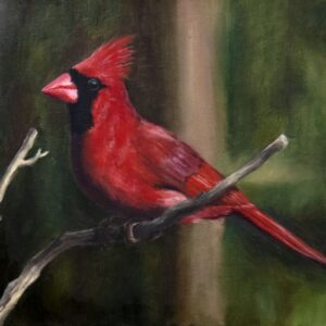 oil painting of a cardinal sitting on a branch