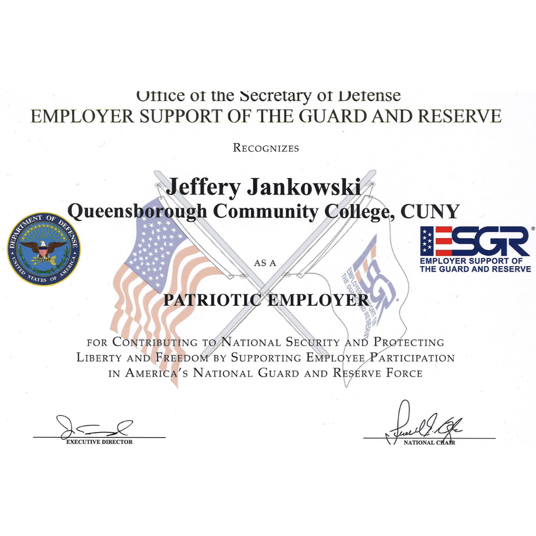 Jeffery Jankowski, Sociology Chair and Professor, Psychology, Received Department of Defense Employer Support of Guard and Reserve Patriot Award