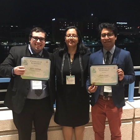 Dr. Nidhi Gadura, Chair of the Biological Sciences and Geology Department at QCC flanked by MSEIP students and ABRCMS winners Adolfo Coyotl (right) and Erick Subillaga (left)