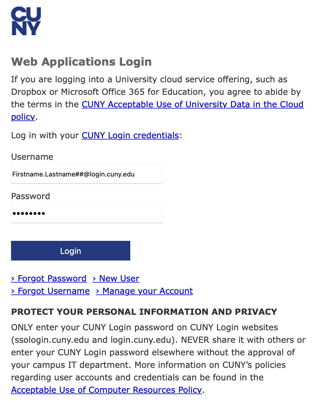 Screenshot of the CUNY Login page