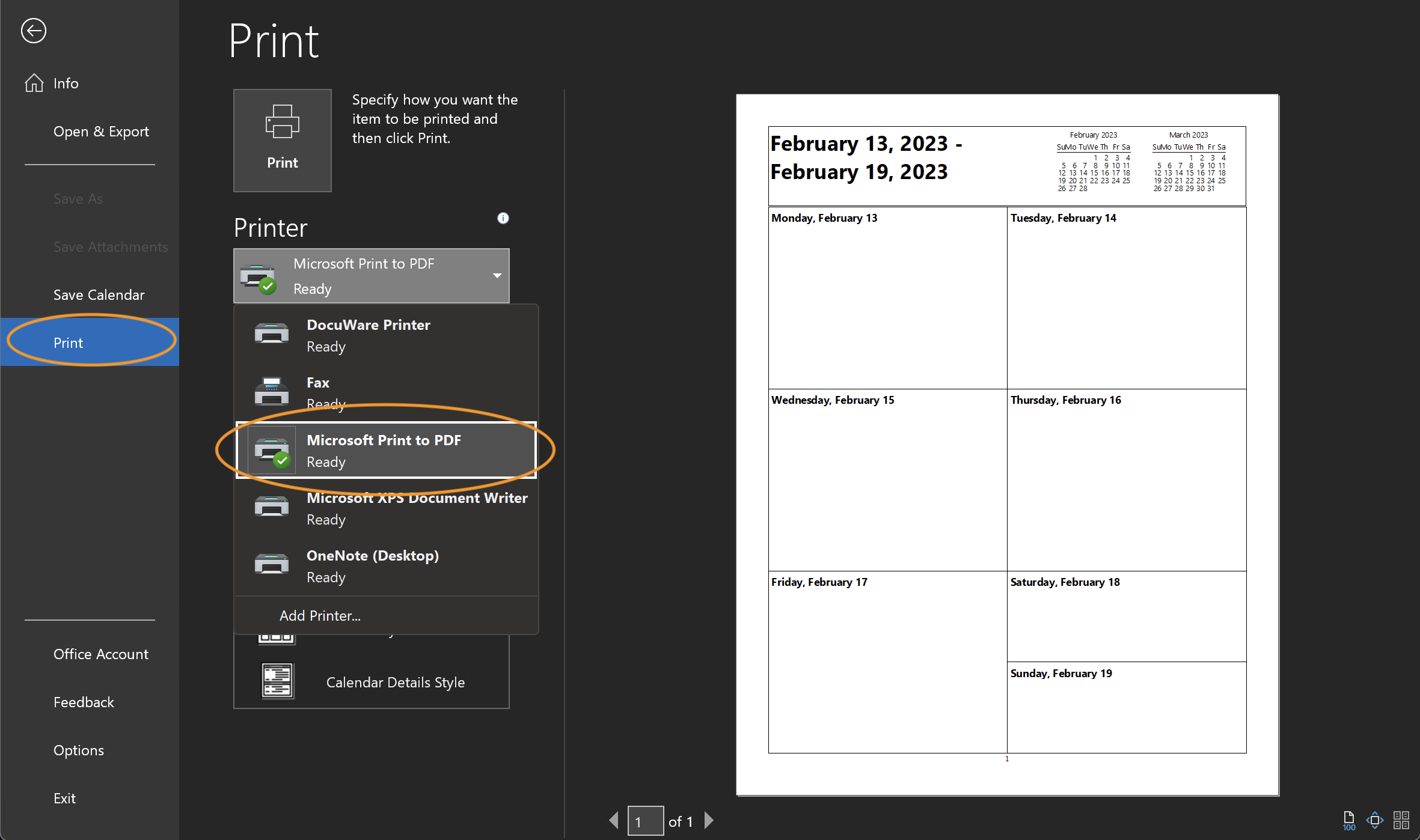 Screenshot of the Outlook calendar print menu with the printer drop menu open
