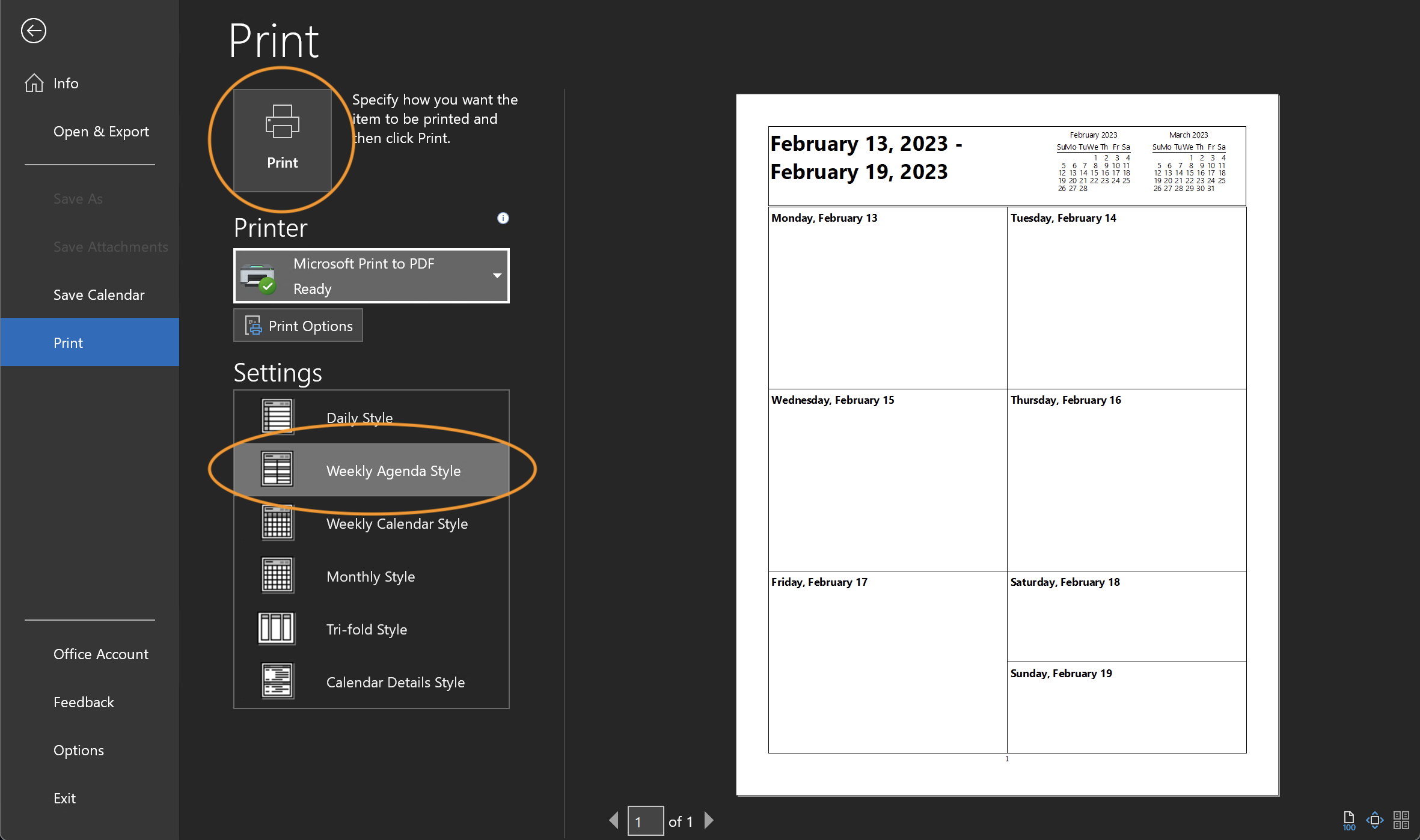 Screenshot of the Outlook calendar print menu showing the Weekly Agenda Style selected