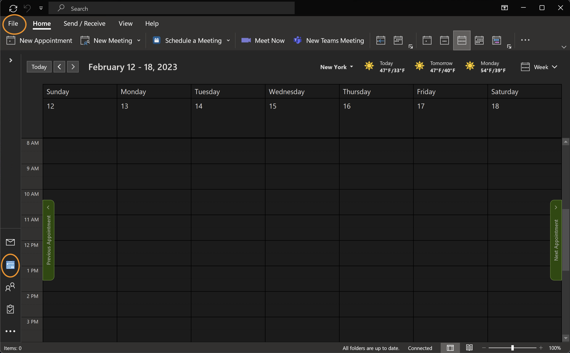 Screenshot of the calendar section of Outlook