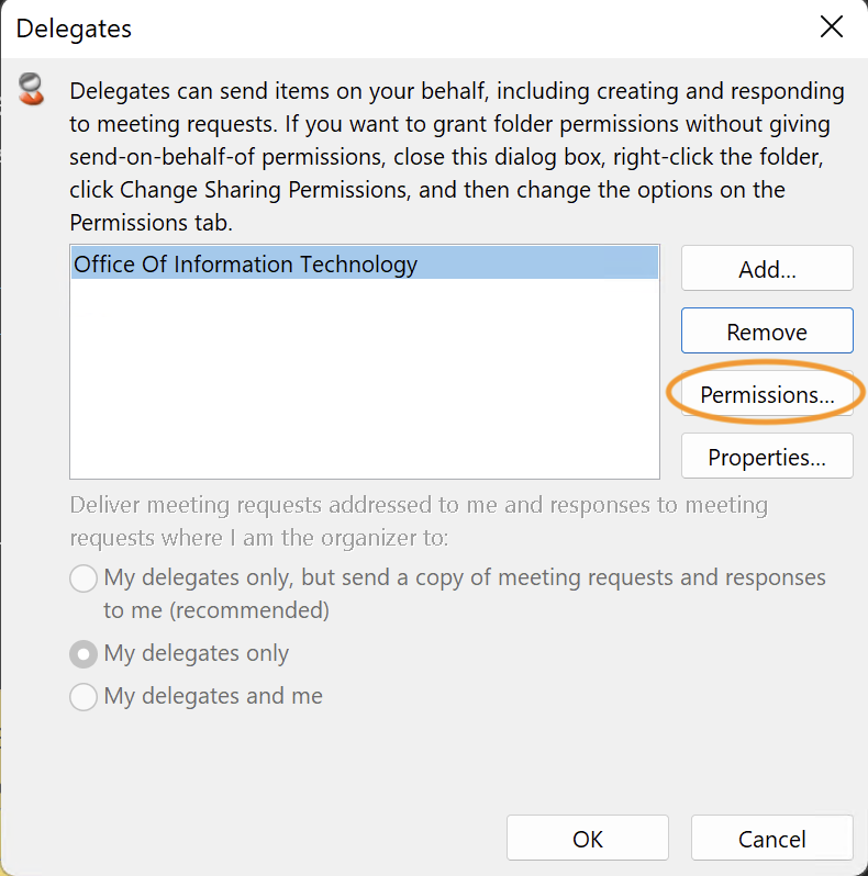 Screenshot of the Outlook delegates dialog showing