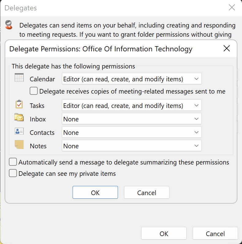 Screenshot of the Outlook delegate persmissions dialog showing