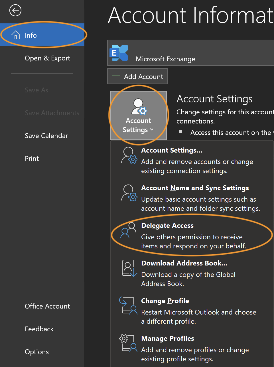 Screenshot of the Outlook file menu open with the account settings dropdown showing