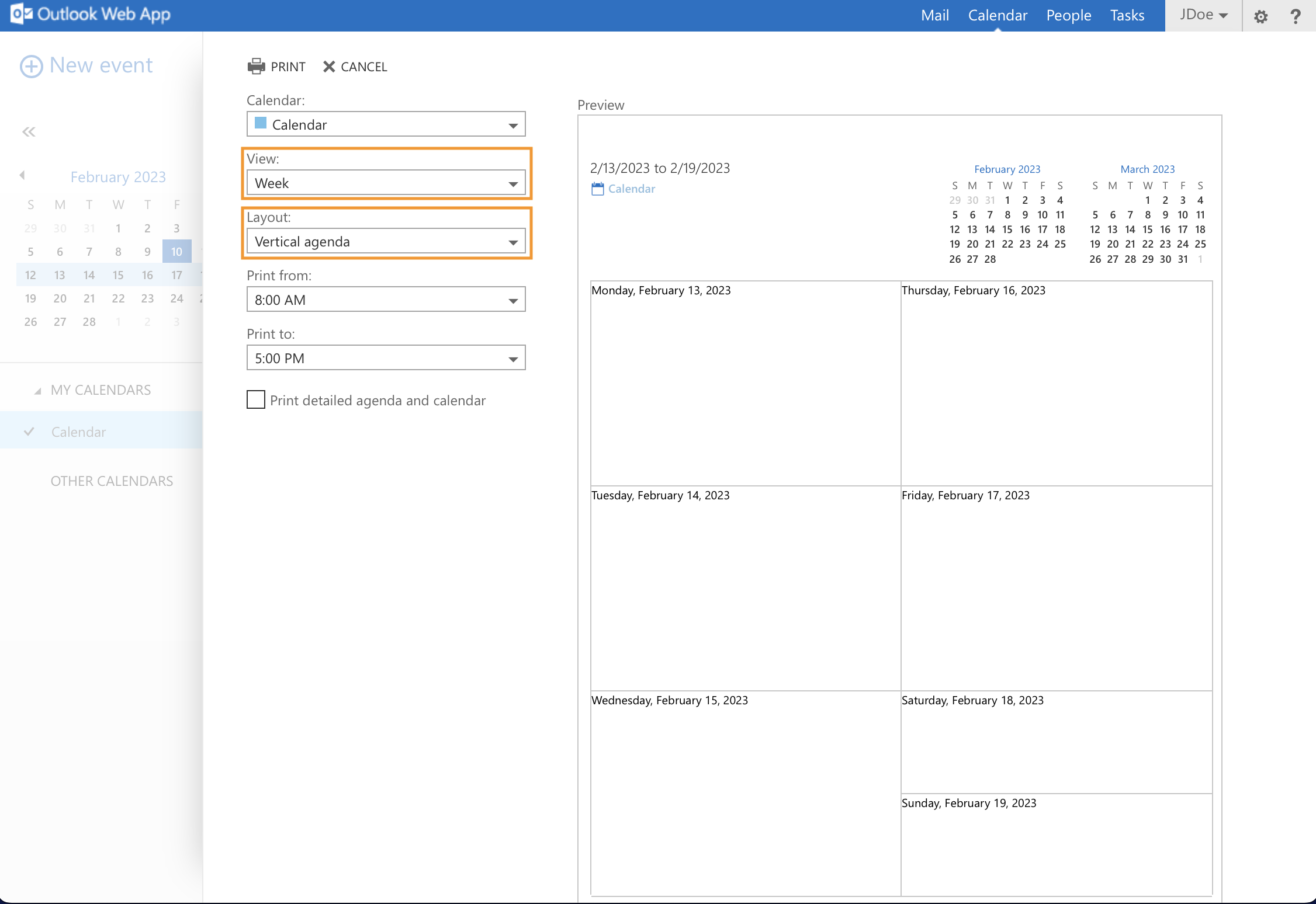 Screenshot of the Outlook Web App calendar print screen