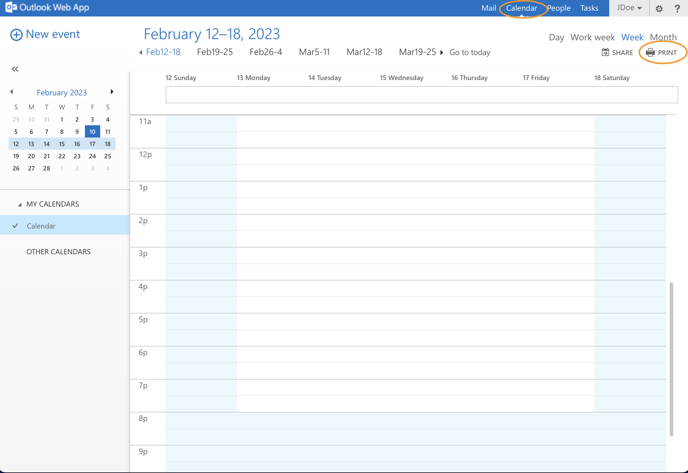 Screenshot of the calendar section of Outlook Web App