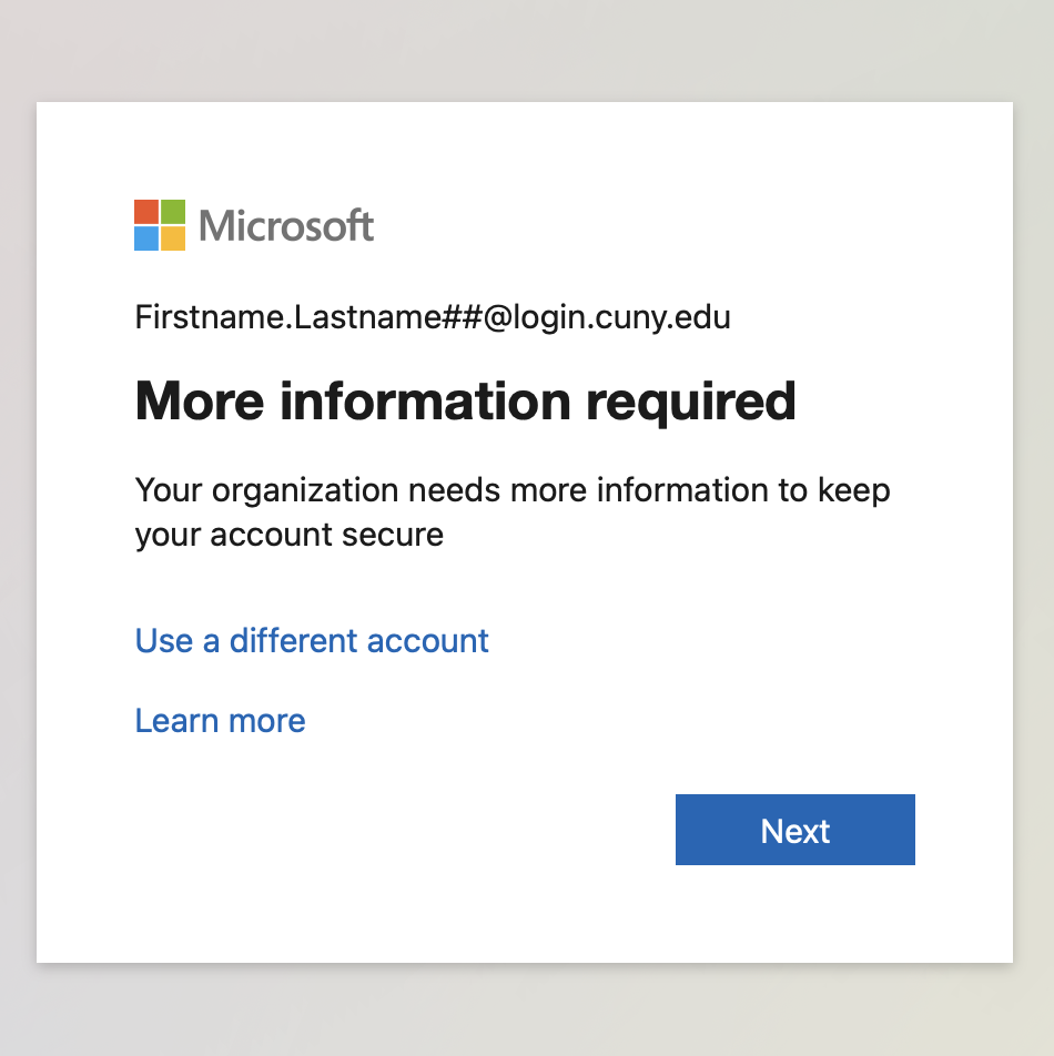 Screenshot of Microsoft 365 login requiring more information