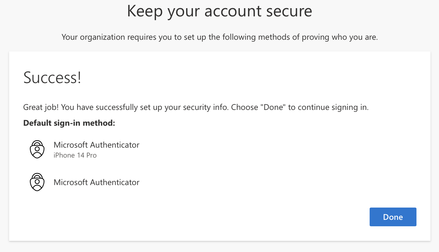 Screenshot of Microsoft 365 MFA success message