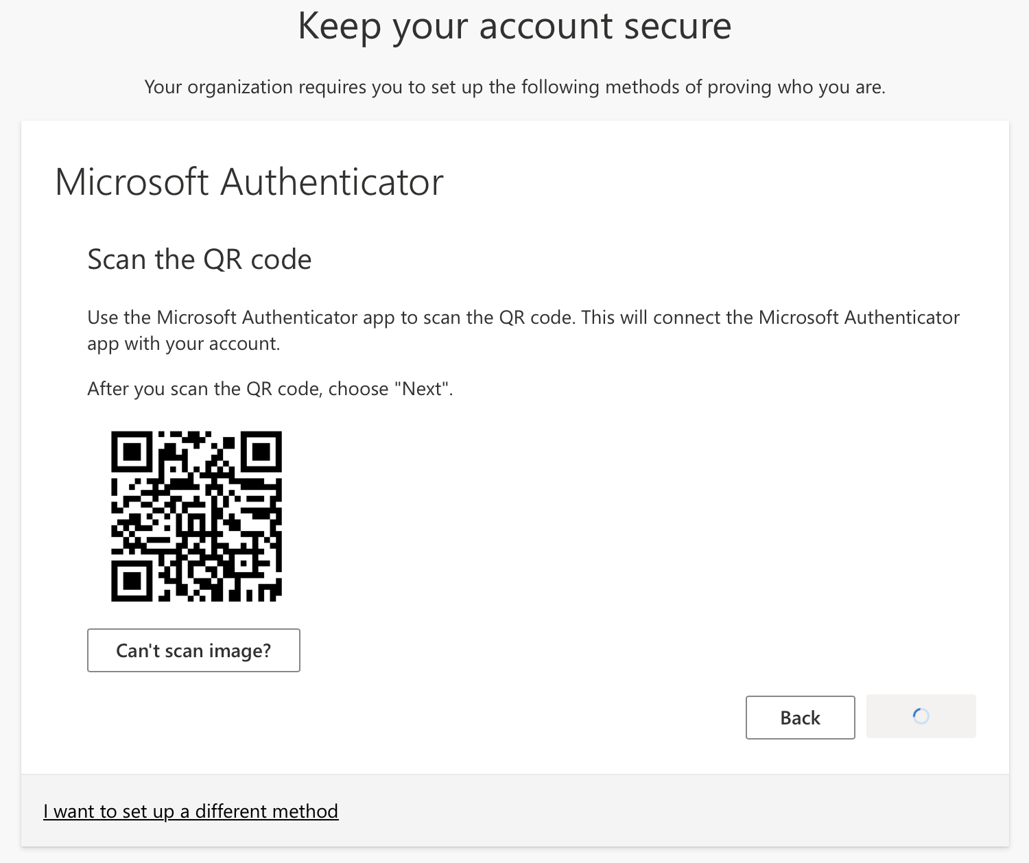 Screenshot of Microsoft 365 MFA QR code to scan