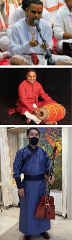 Three people in traditional Asian clothing, a cultural display combining music and fashion
