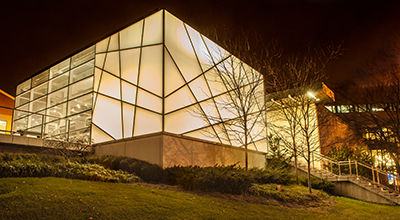 Harriet & Kenneth Kupferberg Holocaust Center exterior view at night