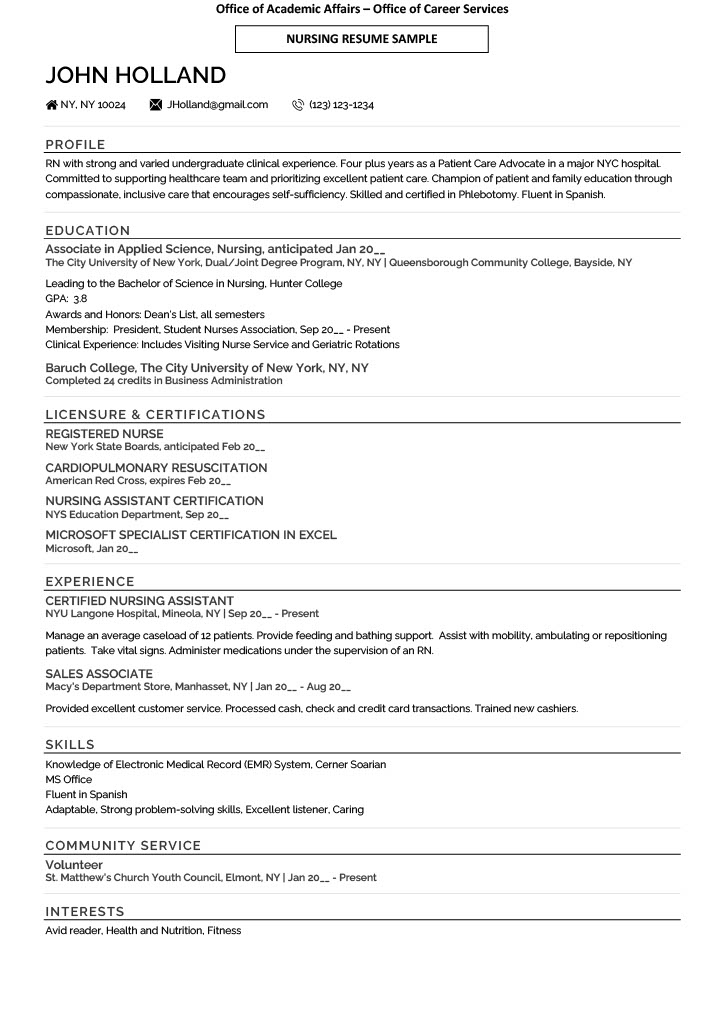 sample nursing student resume from the CUNY Dual/Joint Nursing Degree Program