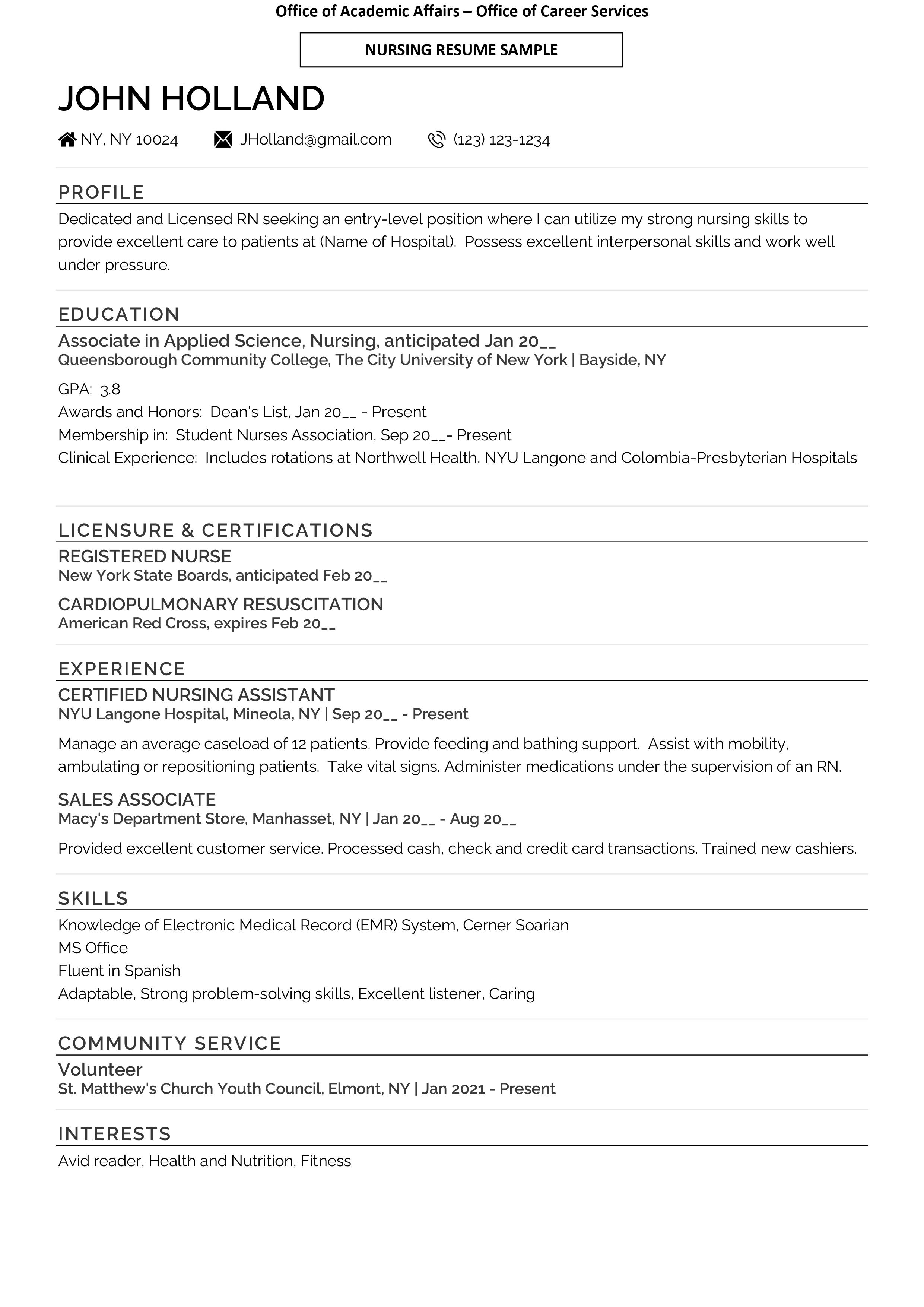 nursing student resume with large font