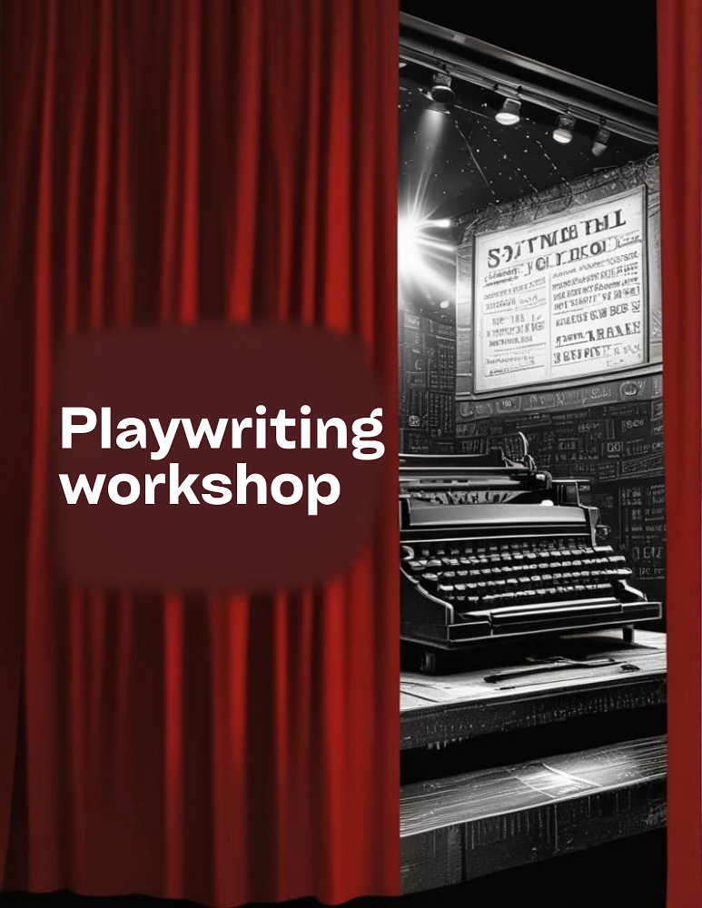 Typewriter behind a red curtain