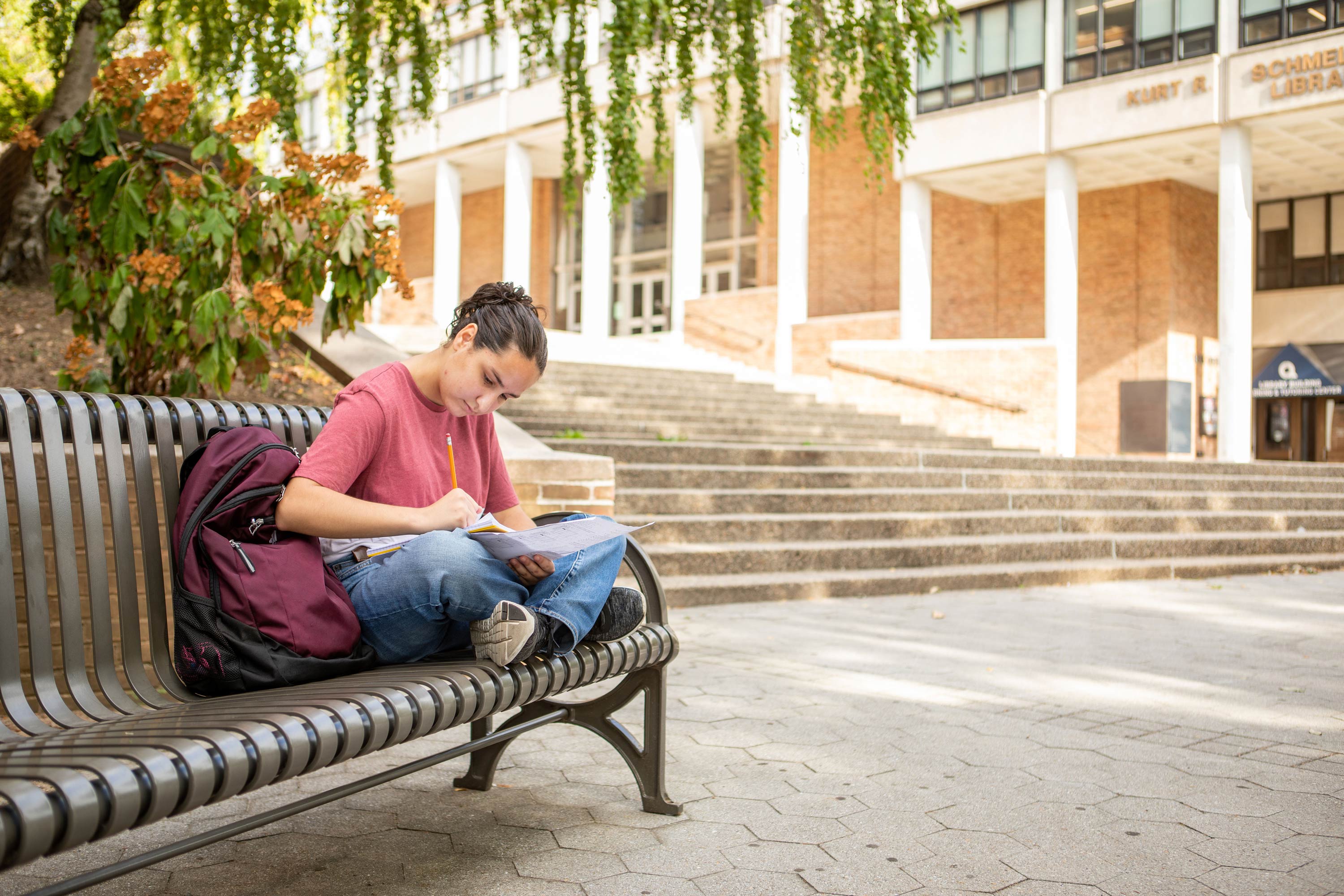 Student sitting on a bench in front of stairs to the library