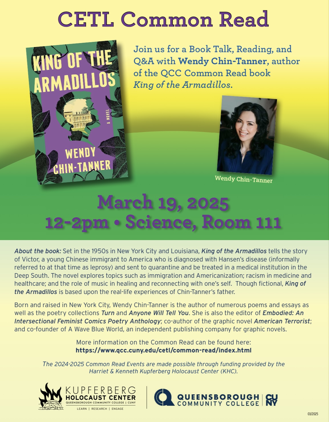 Spring 25 flyer. Green & Yellow with book cover and text.
