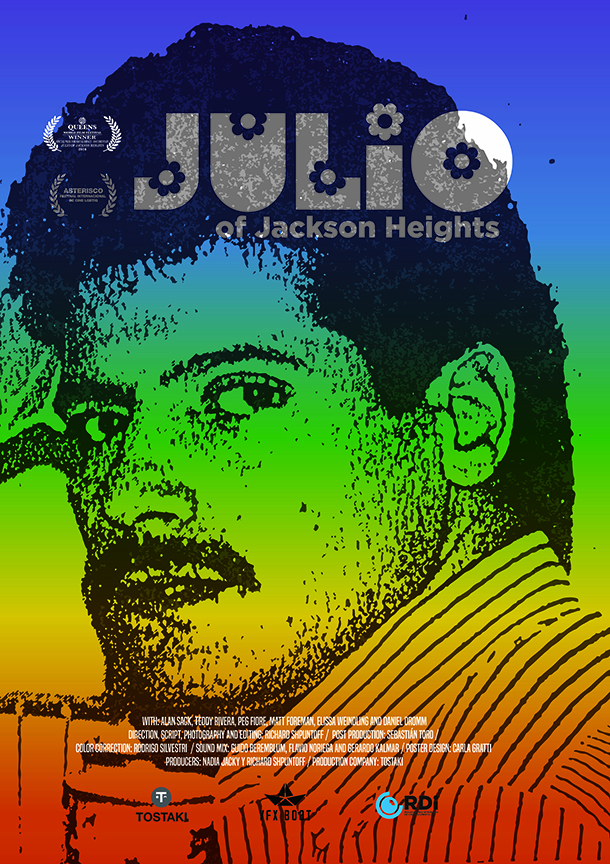 Original Movie Poster Art of 'Julio of Jackson Heights' featuring a closeup of Julio Rivera's face saturated with the rainbow flag colors