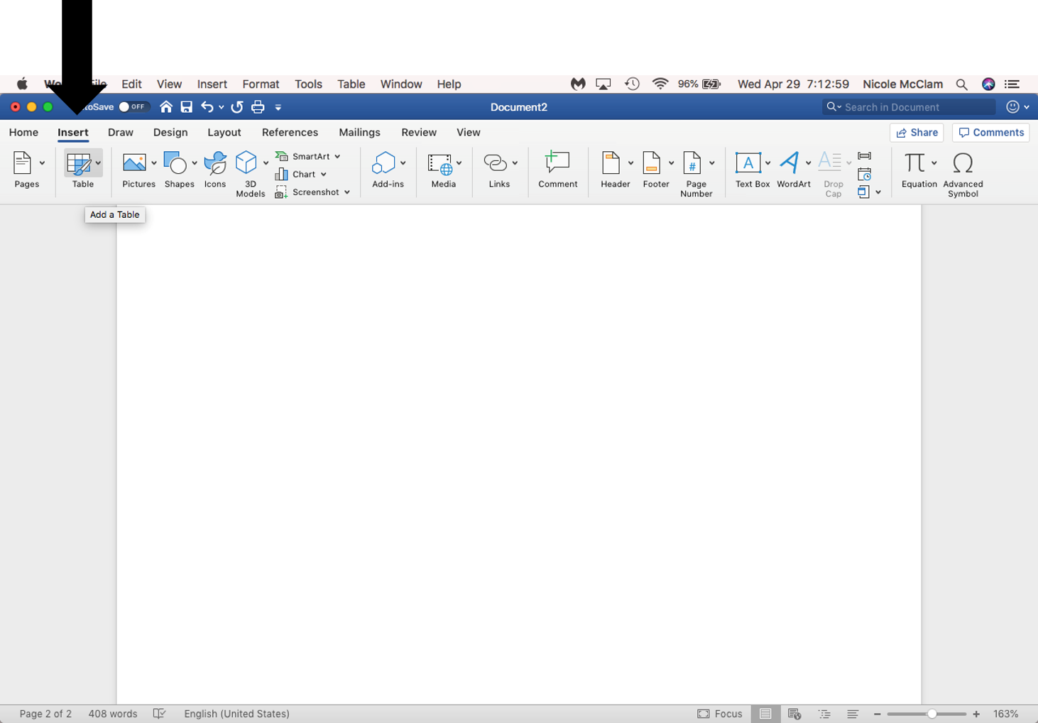 Creating a Table on Microsoft Word