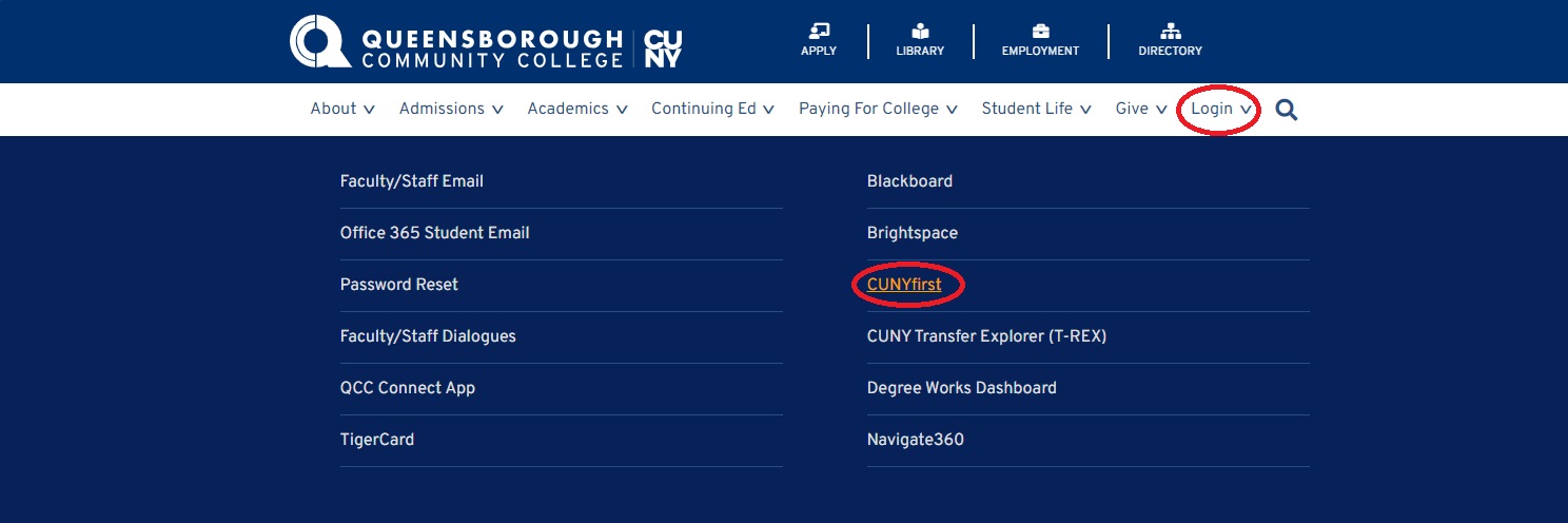CUNYfirst link in the QCC website navigation 