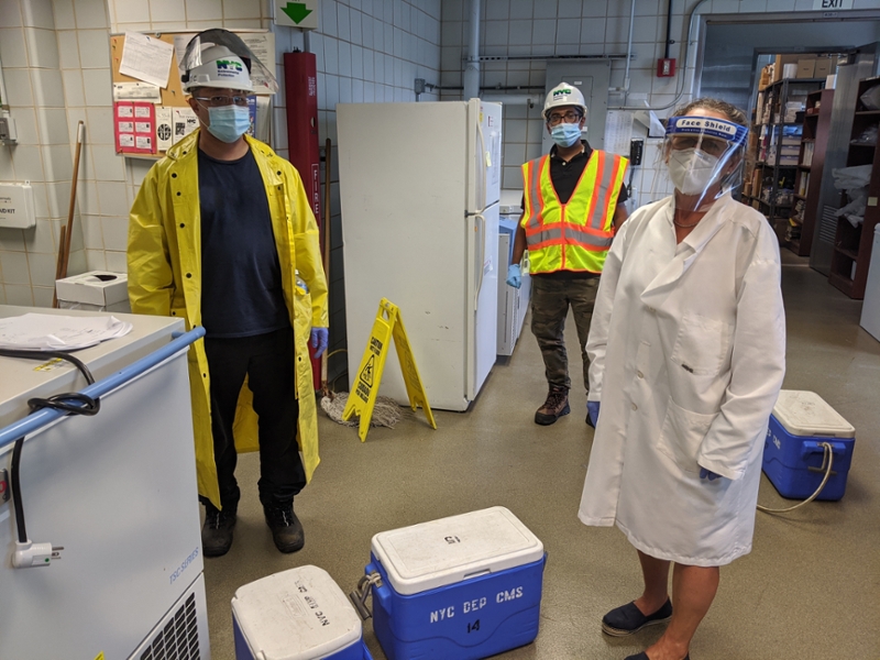 Dr. Monica Trujillo (right) is looking for evidence of COVID-19 in New York City area wastewater. Dr. Trujillo retrieved samples from the Newtown Creek Wastewater Treatment Plant in Greenpoint, Brooklyn