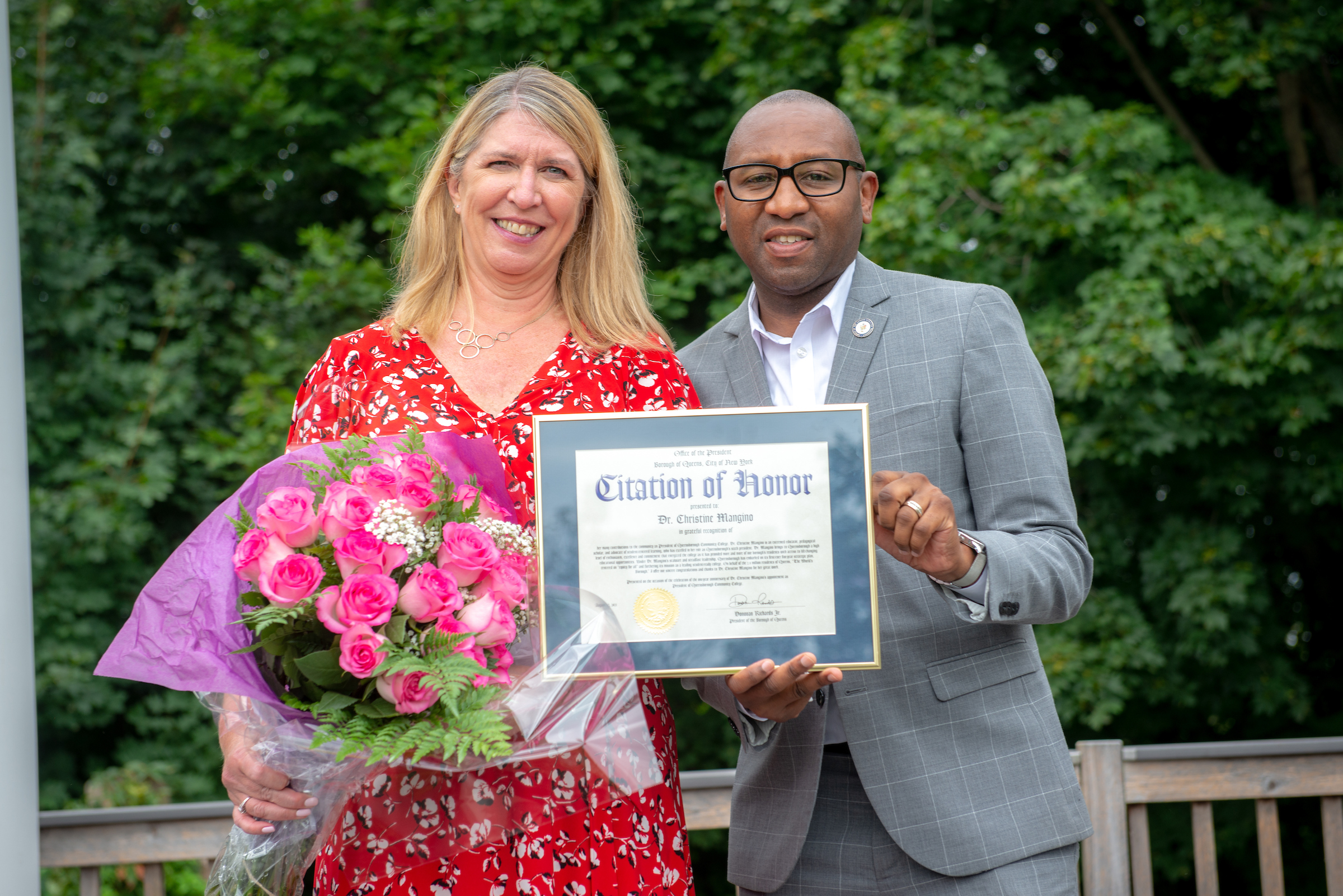 Queensborough Community College President Dr. Christine Mangino with Queens Borough President Donovan Richards.