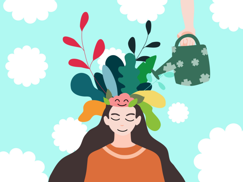 graphic of watering plant in woman's mind