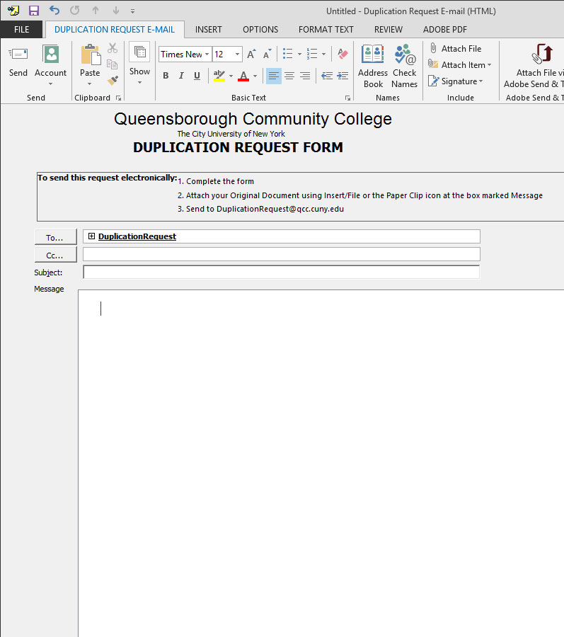 screen shot of the Duplication Request email form for faculty to complete