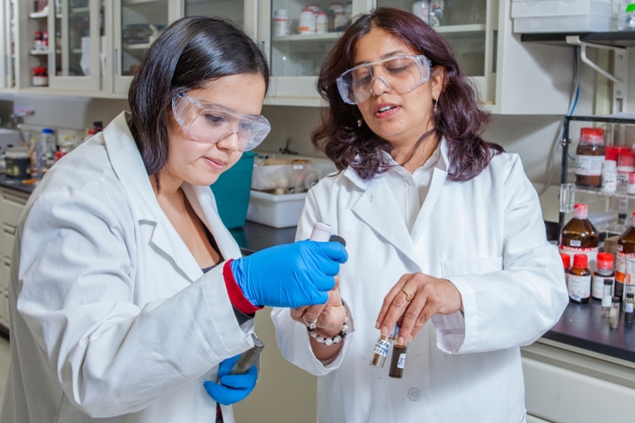 Student in the lab with Chemistry professor