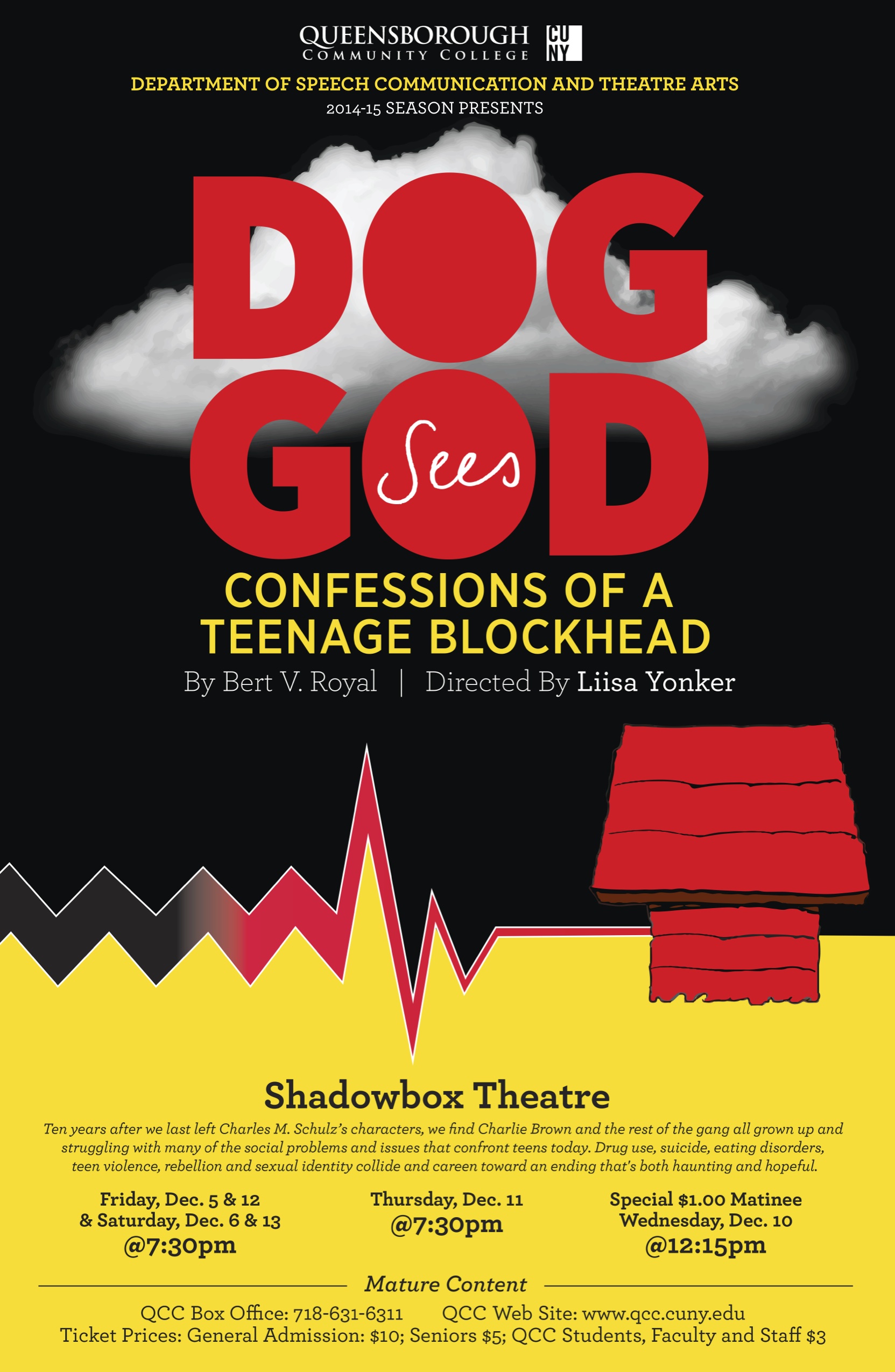 This is a poster for the past fall 2014 production of ‘Dog Sees God: Confessions of a Teenage Blockhead’, written by Bert V. Royal, and directed by Professor Yonker. The poster displays a dog house against a black sky and a large cloud above. 