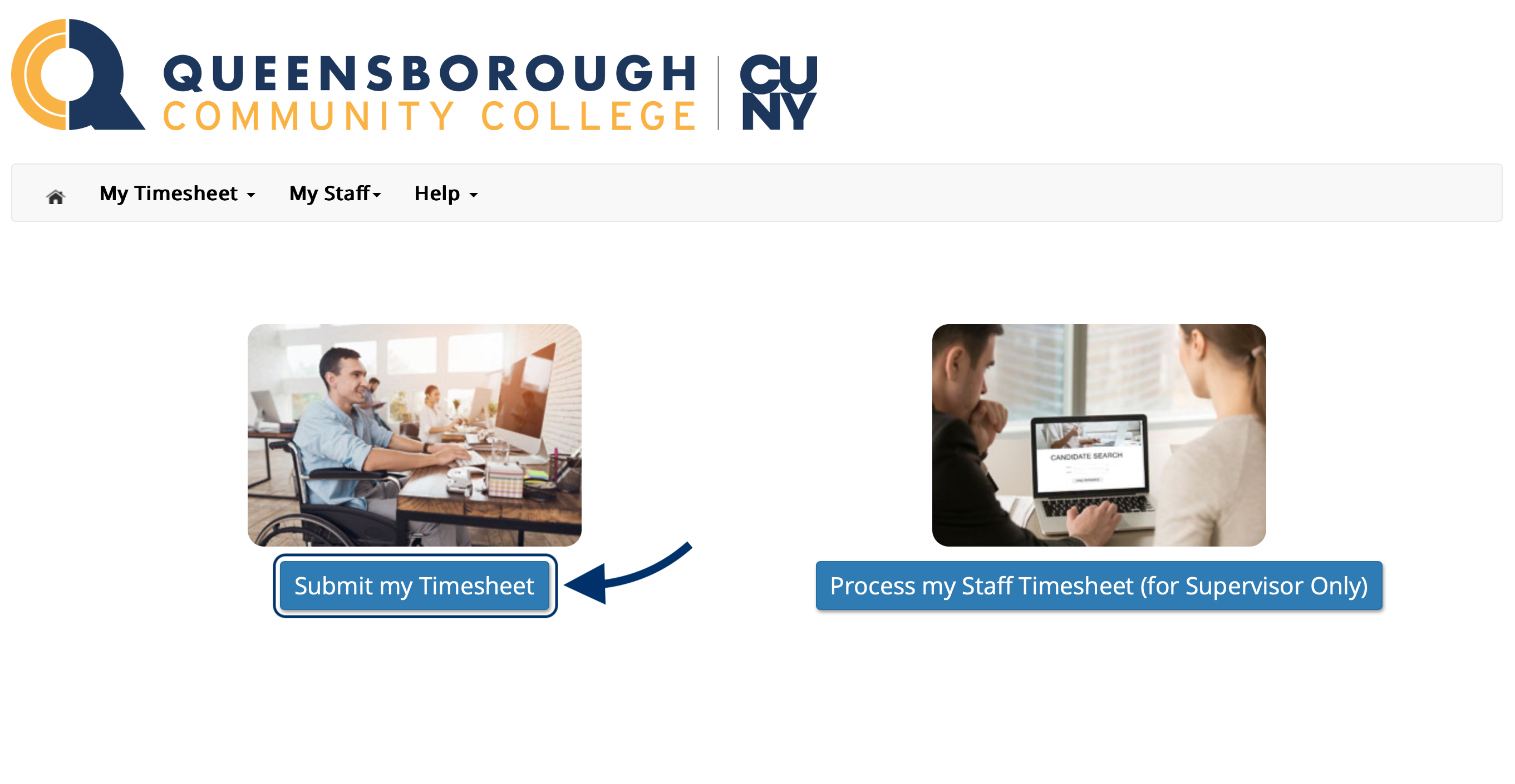 Screenshot of the TimesheetX landing page, pointing out the Submit my Timesheet button.