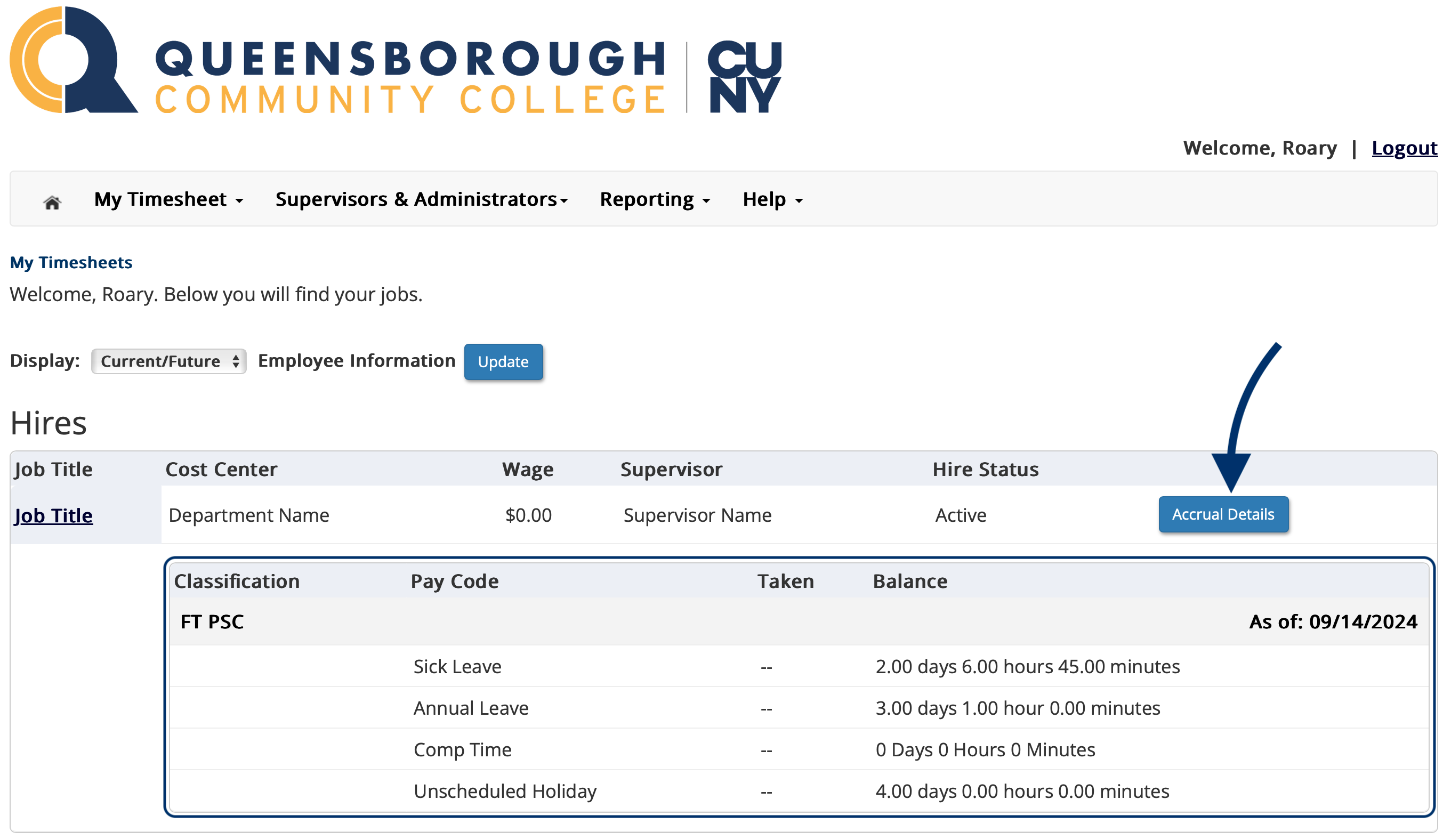 Screenshot of the My Timesheets highlighting accruals