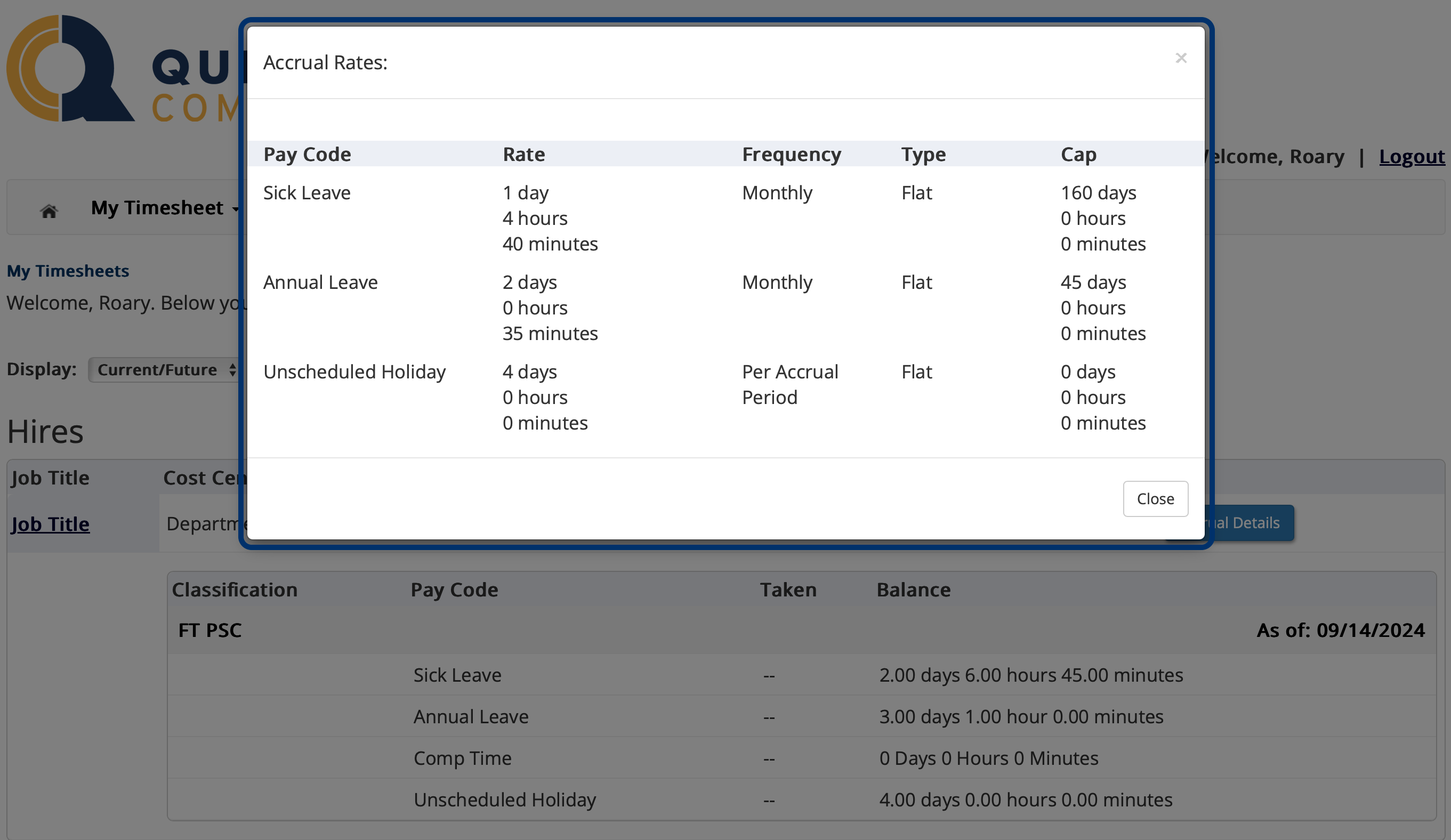 Screenshot of the My Timesheets showing the accrual details modal