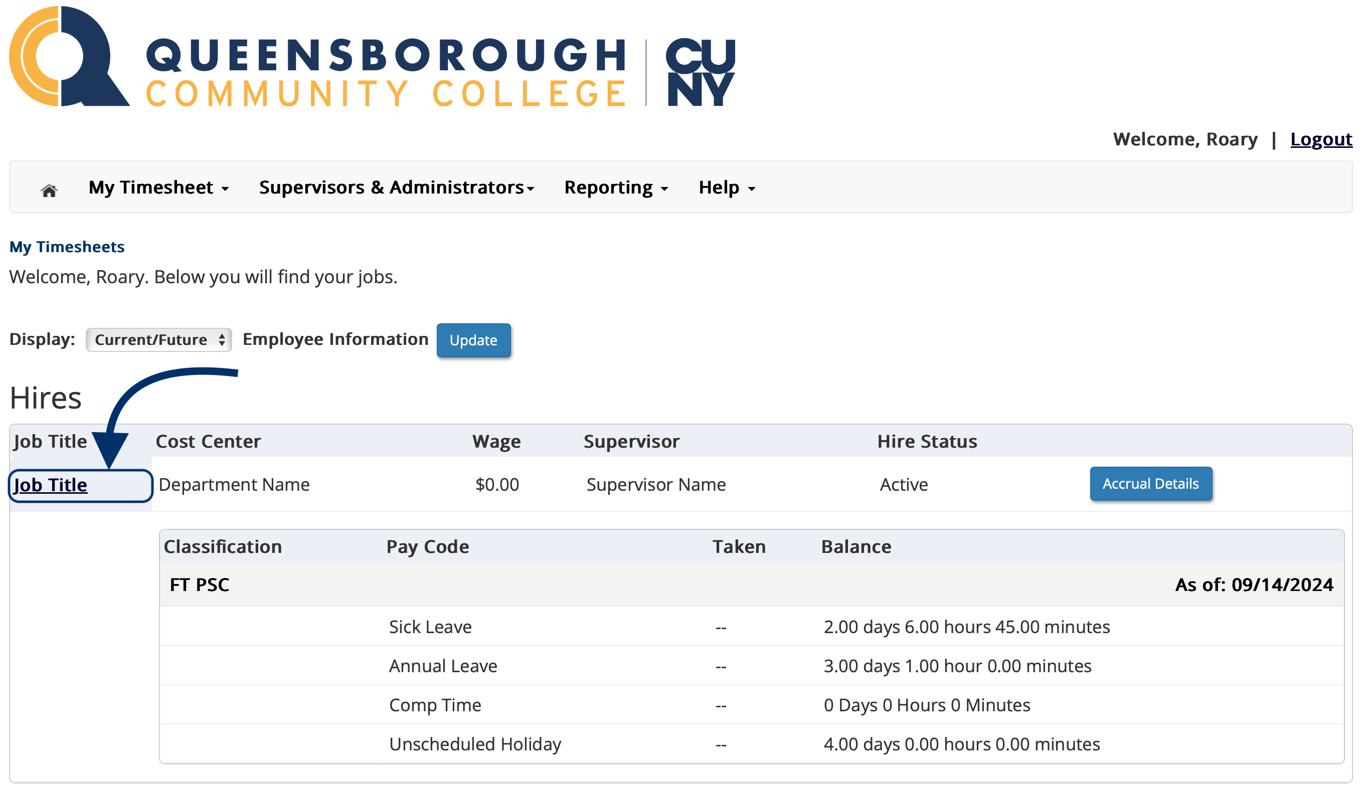 My Timesheets dashboard highlighting a job title link