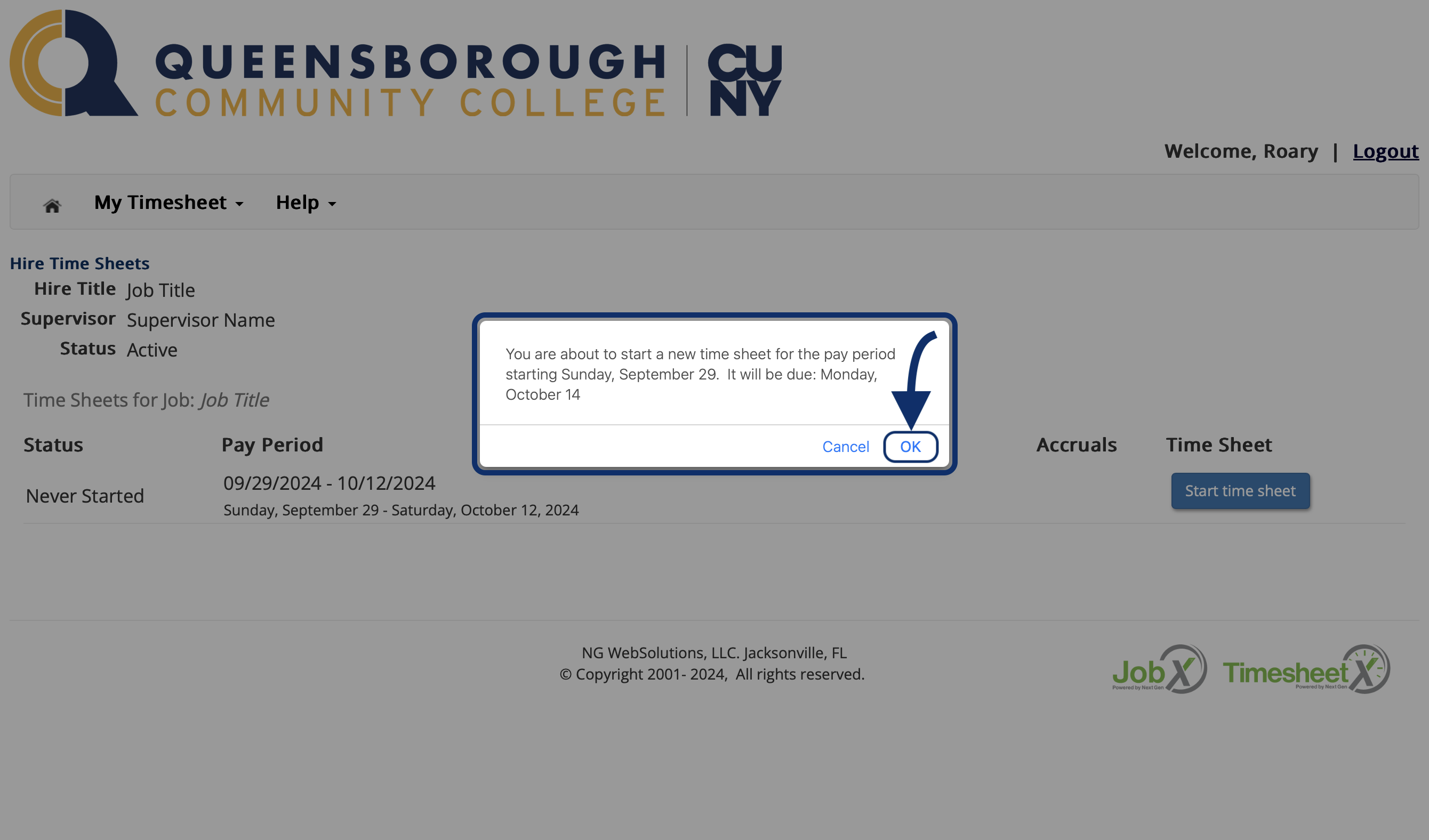 Submit new timesheet confirmation dialog
