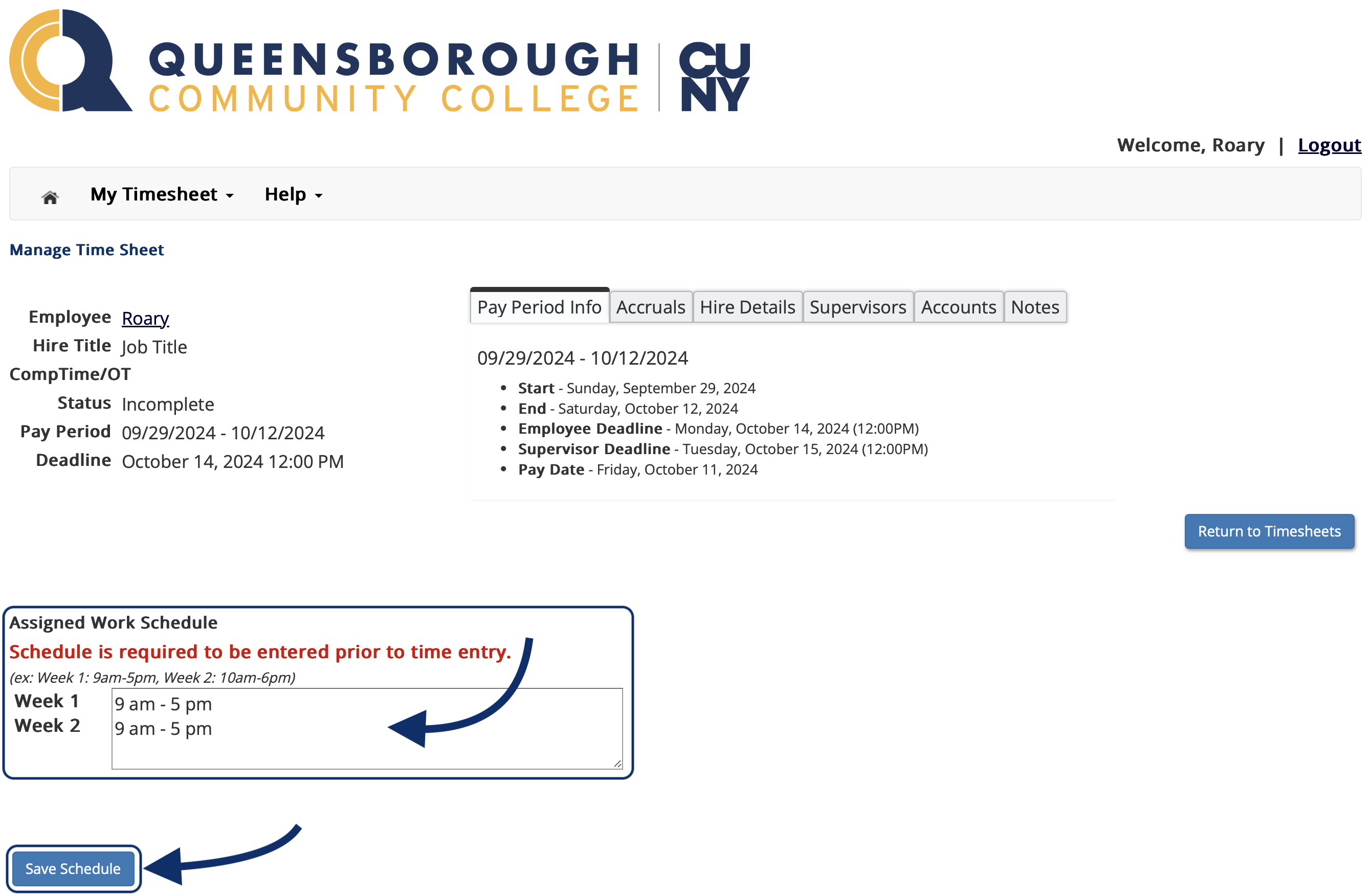 Timesheet page showing where to enter your scheduled hours