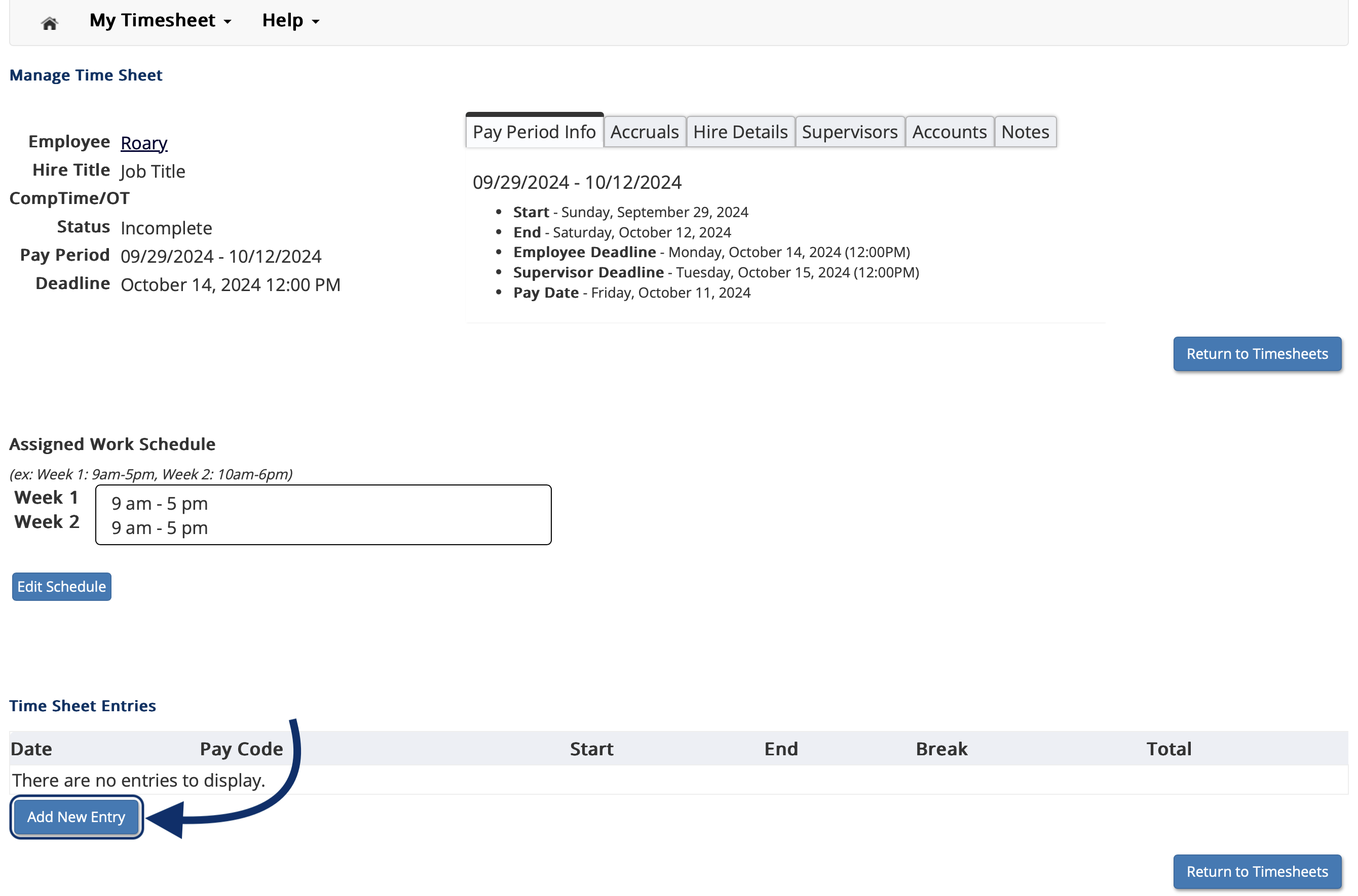 Timesheet page highlighting the add new entry button