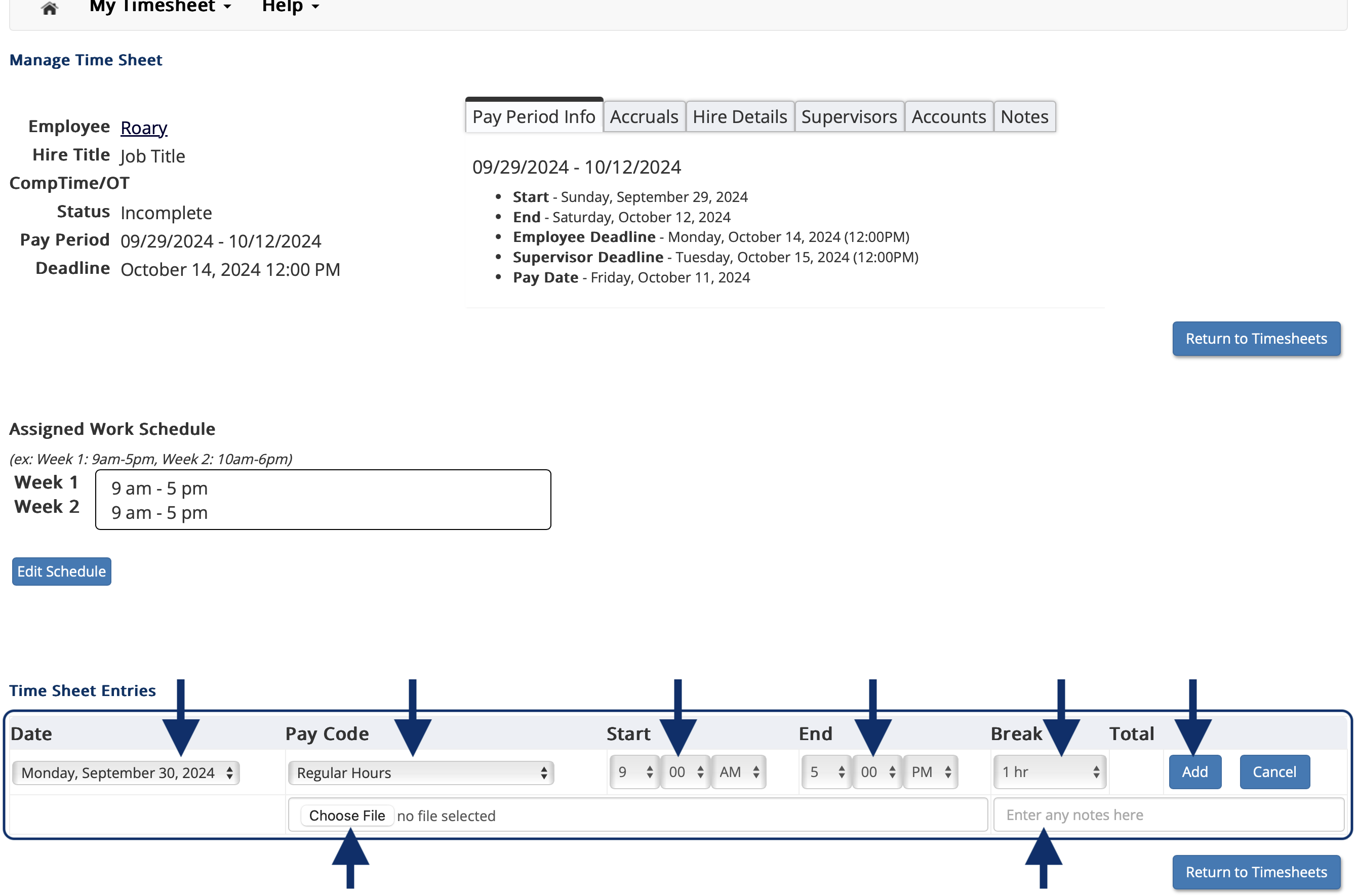 Timesheet page highlighting the fields to fill out when adding an entry