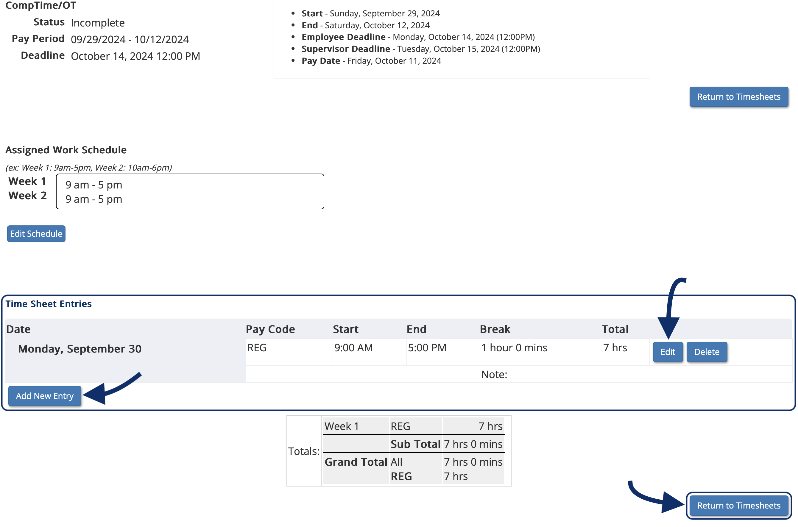 Timesheet page showing a time entry and highlighting the edit, add new entry, and return to timesheets buttons