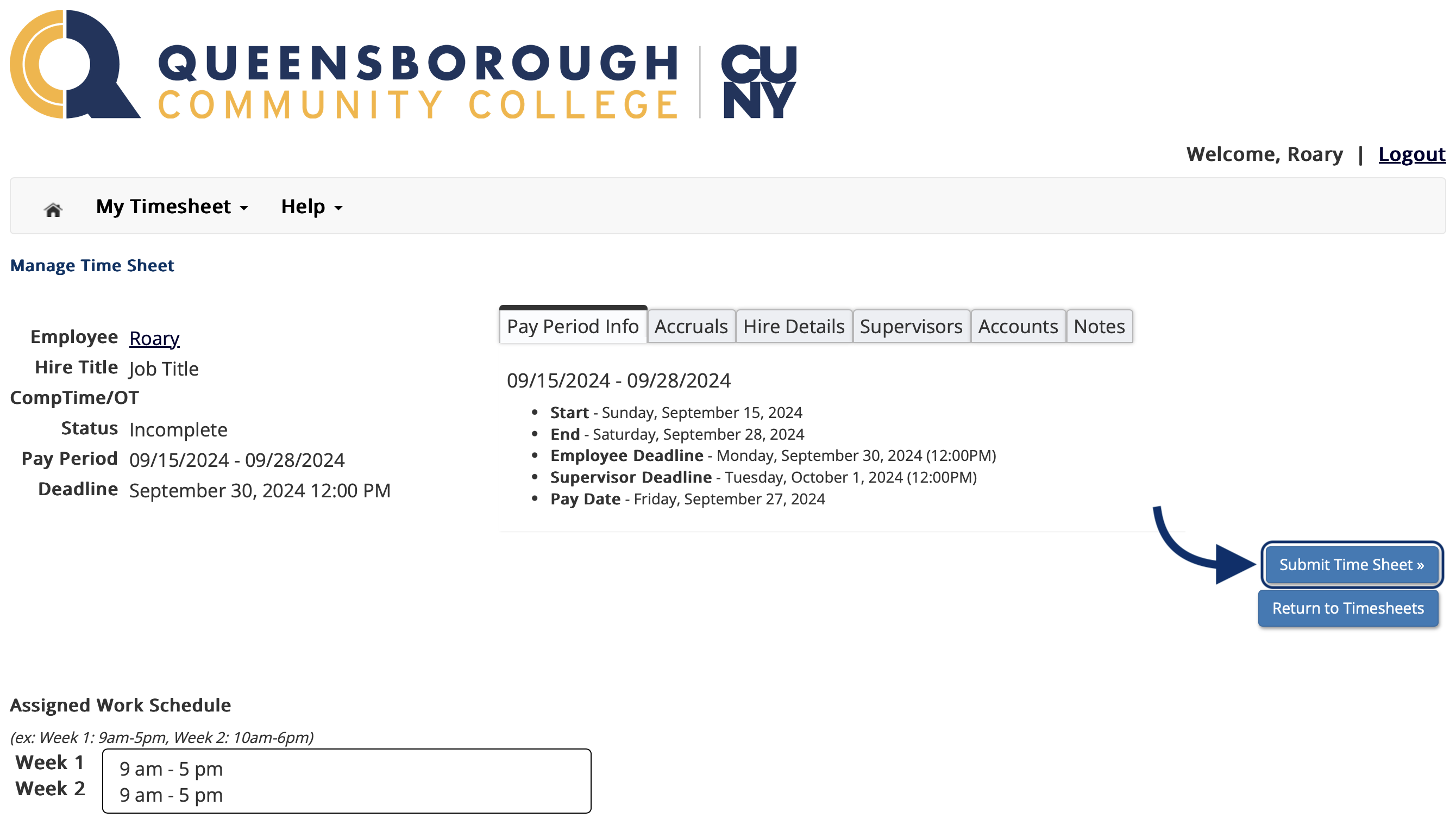 Timesheet page highlighting the submit time sheet button at the top of the page
