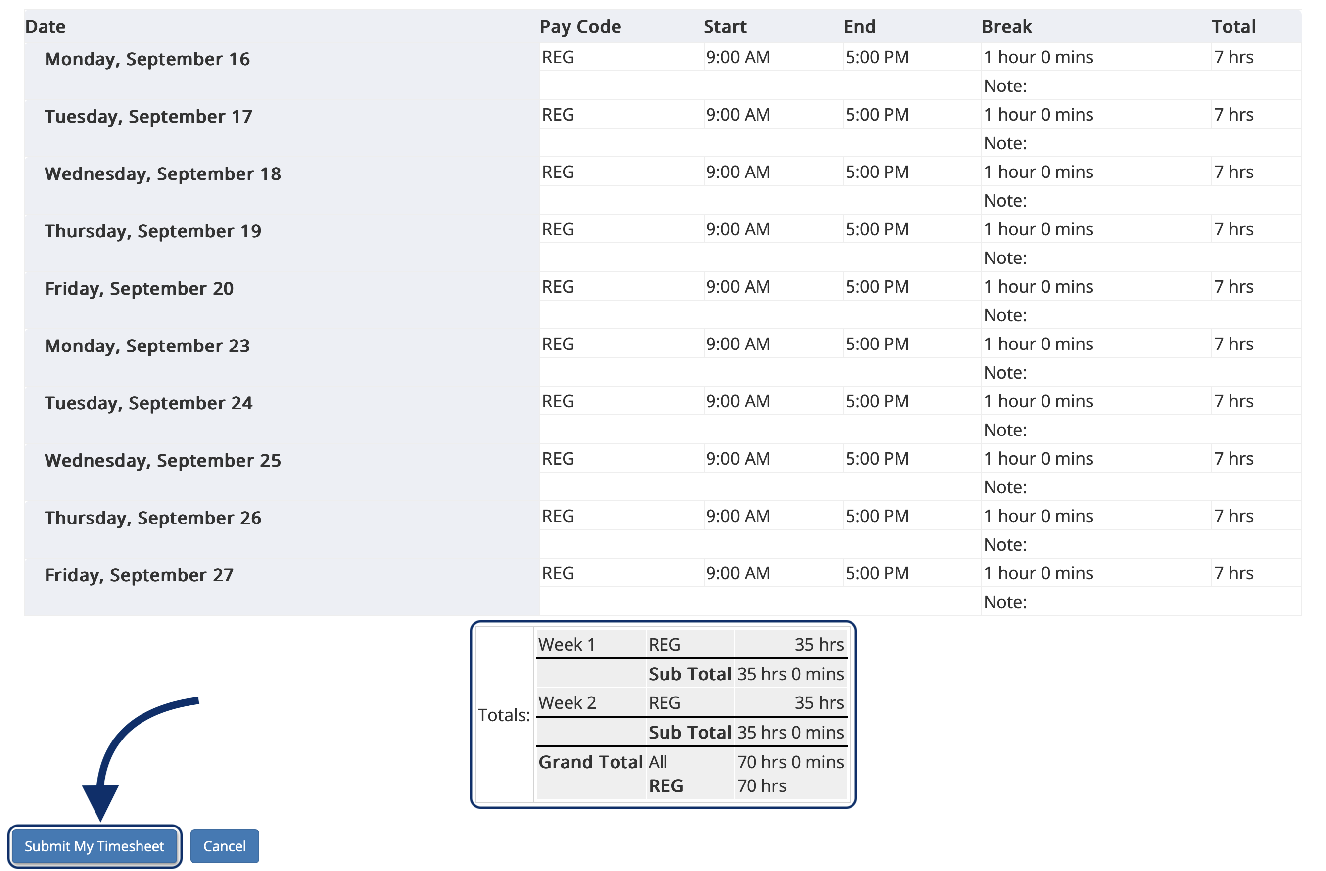 Timesheet review page
