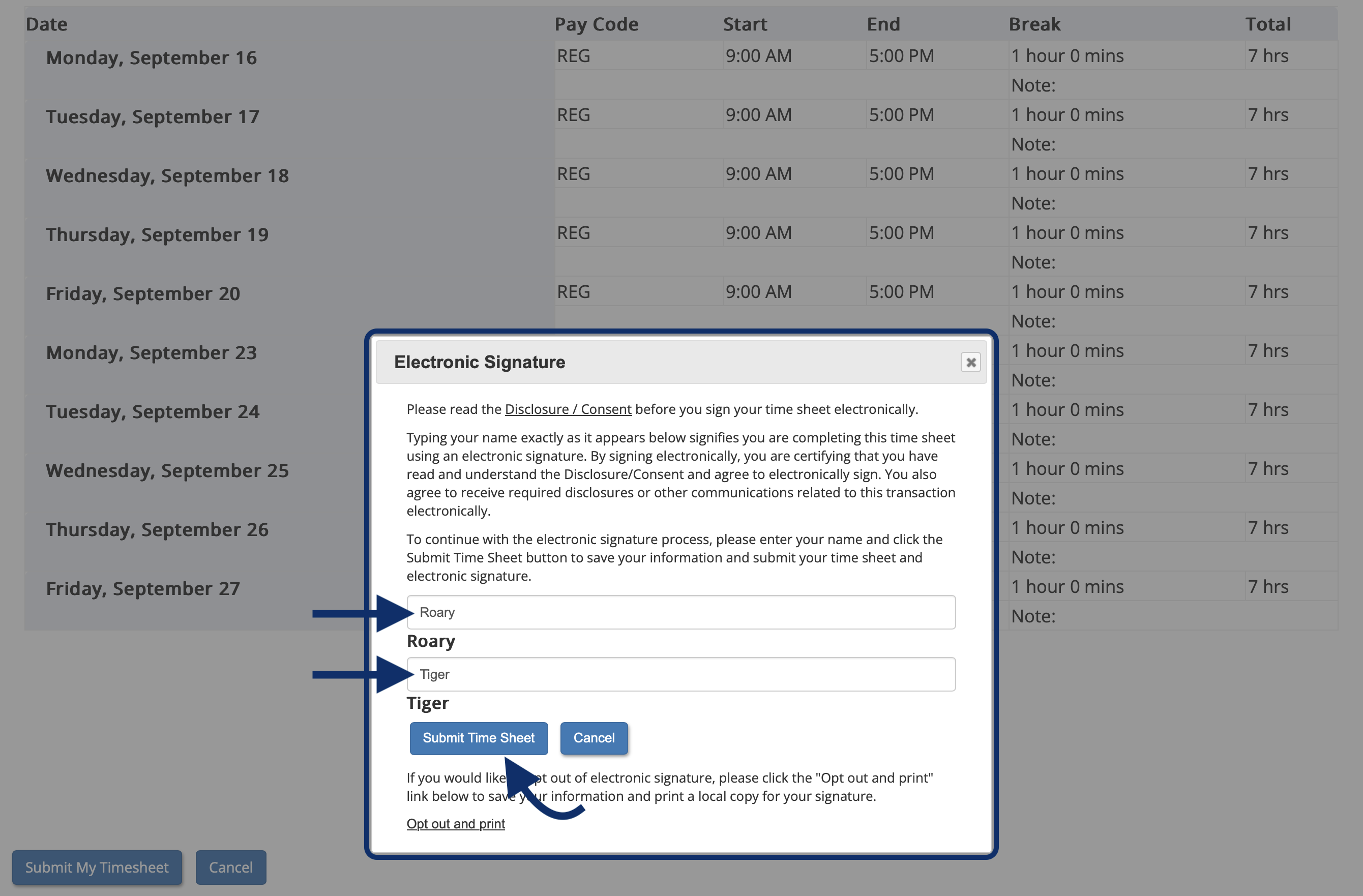 Timesheet signature modal