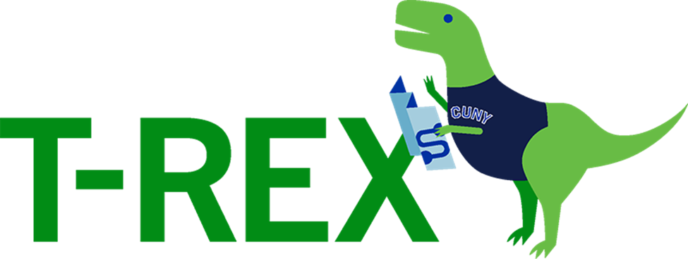 T-Rex logo with a dinosaur holding a book.
